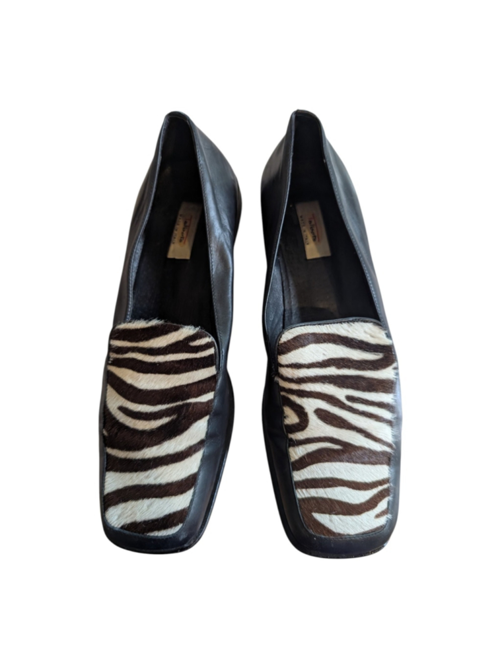 Talbots Italy 10 M Loafers, Black Leather & Zebra Hair Calf, Made in Italy